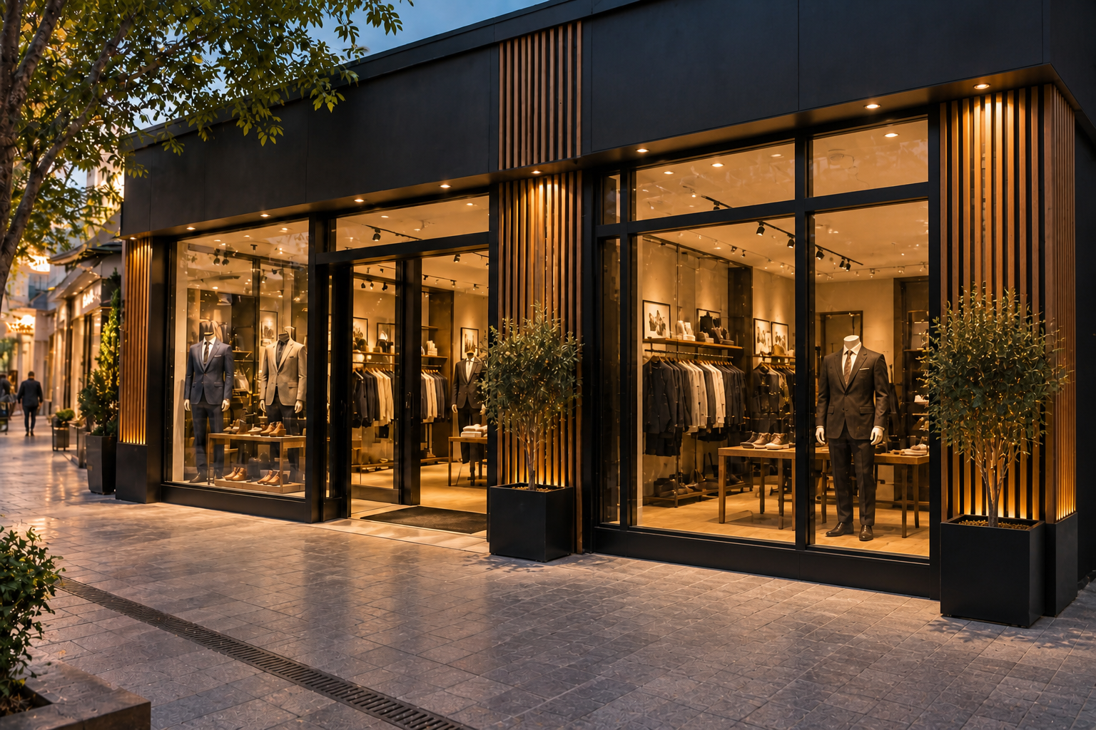 Frontis terminado de un local comercial con revestimiento negro, madera, vitrinas e iluminación cálida