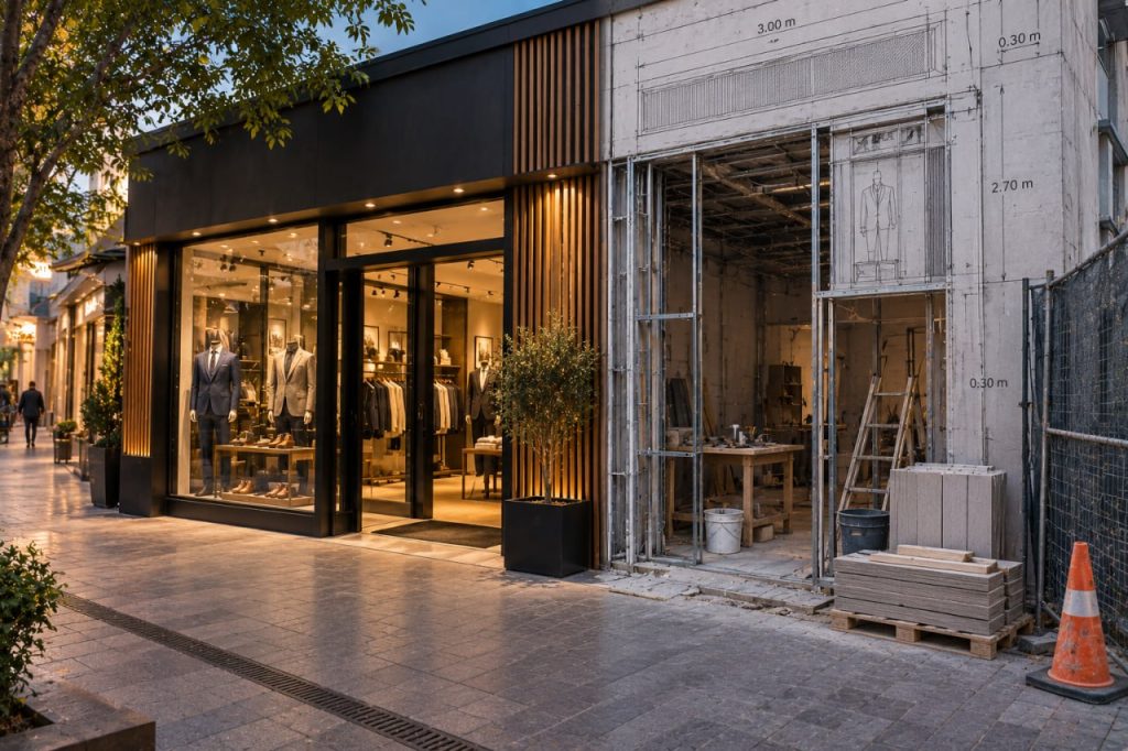 Comparación entre una fachada comercial terminada y otra en proceso de construcción