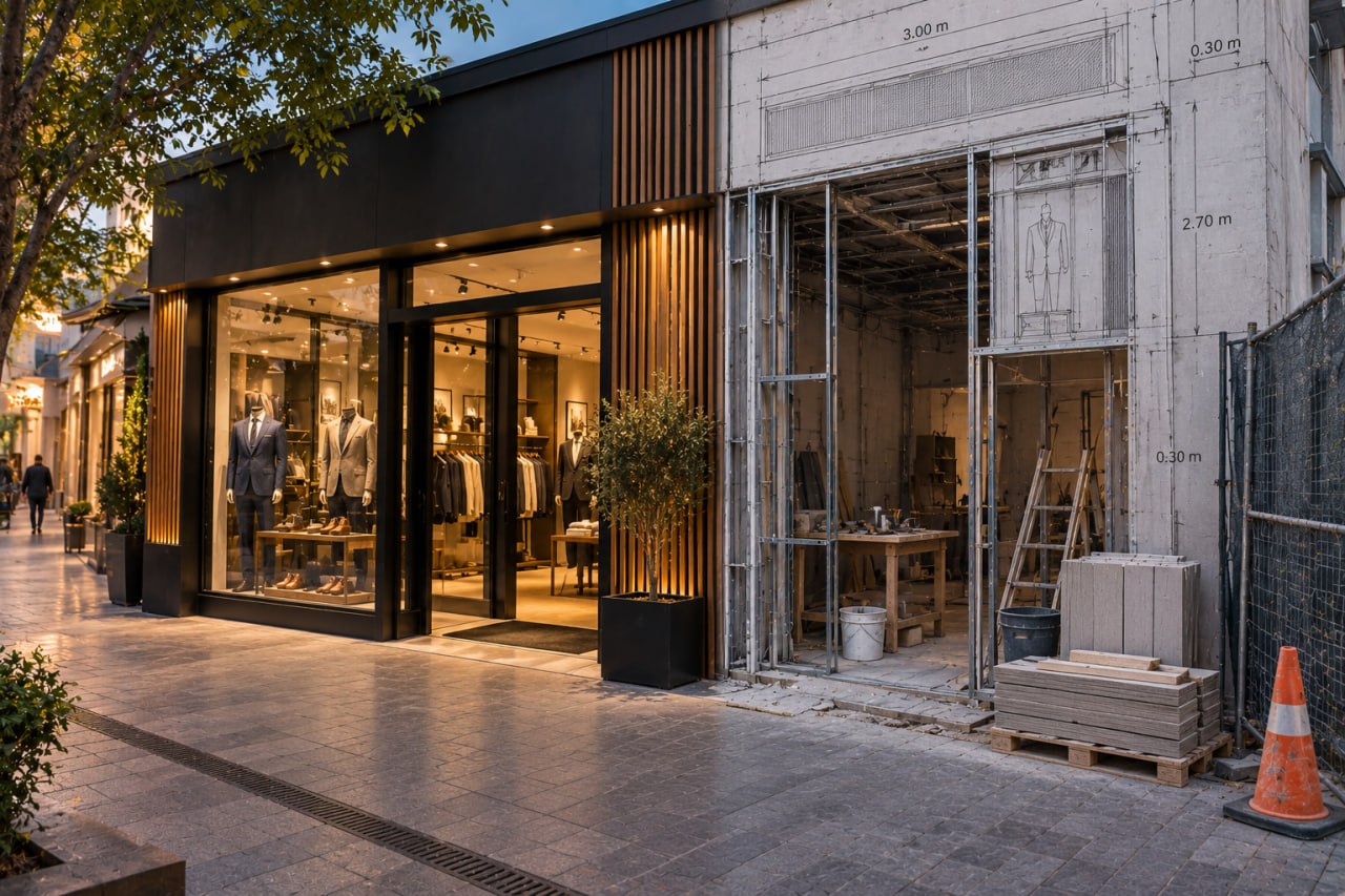 Comparación entre una fachada comercial terminada y otra en proceso de construcción