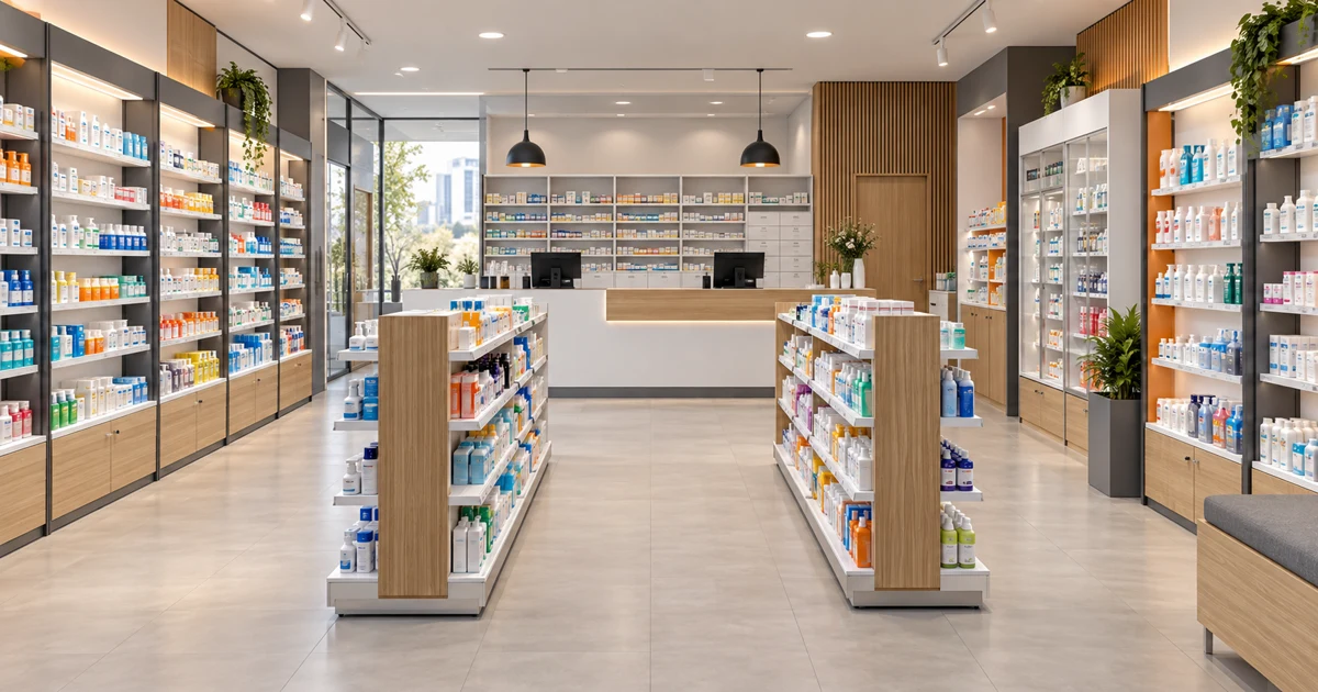 Interior de farmacia moderna con góndolas, muebles murales y mesón de atención a medida