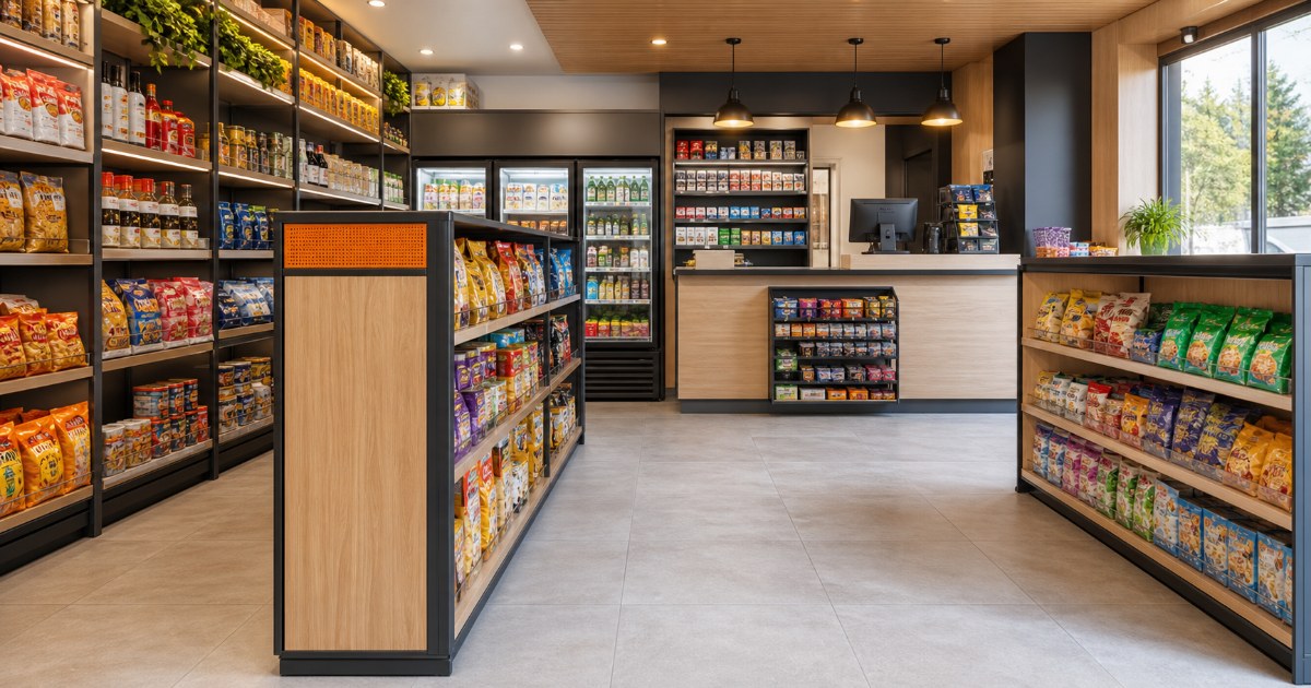 Muebles para minimarket con góndolas, estanterías y mesón de caja a medida
