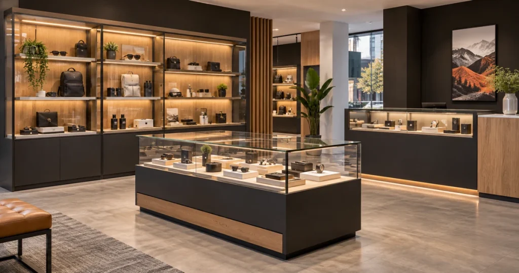 Vitrinas para locales comerciales con vidrio, iluminación integrada y almacenamiento